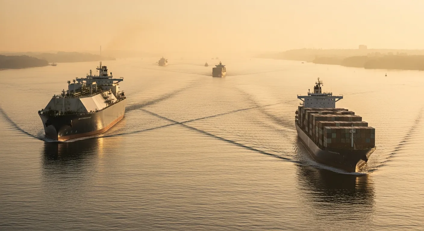 Logistics Digest Issue 15 - LNG tanker and container ship moving through a hazy strait at sunrise