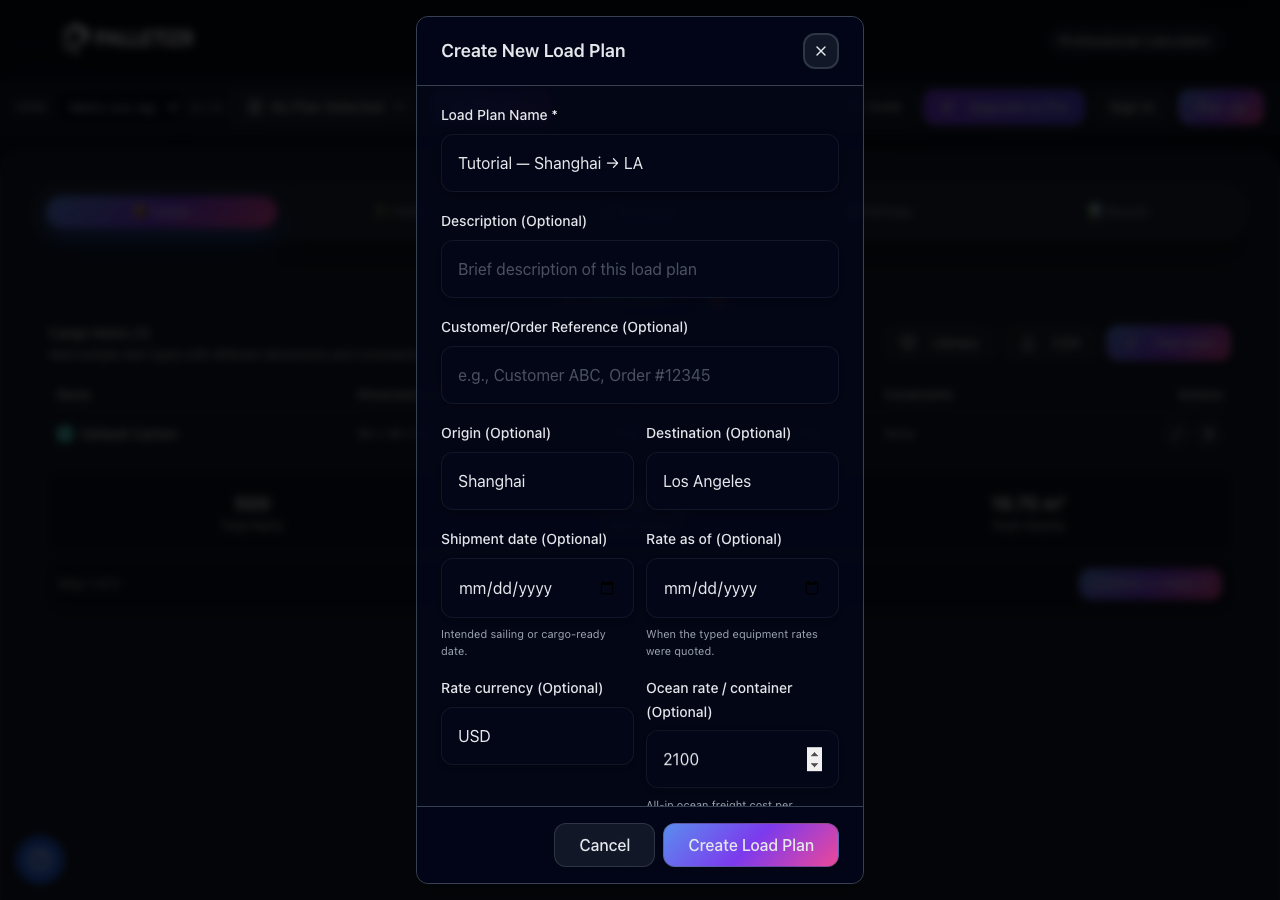 Create New Load Plan modal with origin, destination, and ocean rate fields